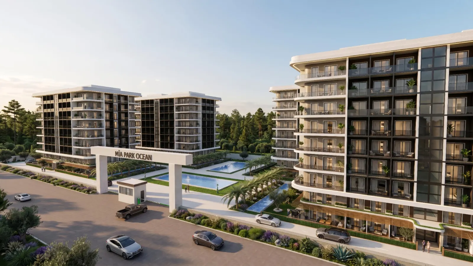 MİA PARK OCEAN karşılama kapısı ve havuzlu avlu