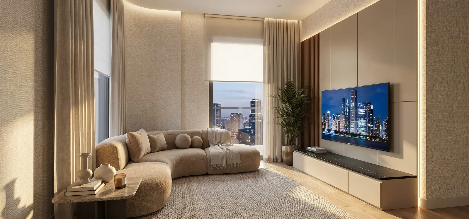 Şehir manzaralı modern salon iç mekânı
