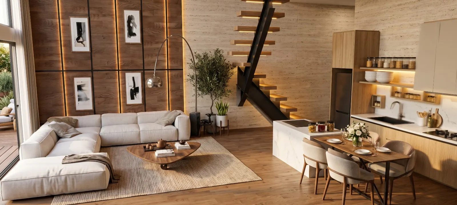 Yüksek tavanlı loft salon ve açık mutfak