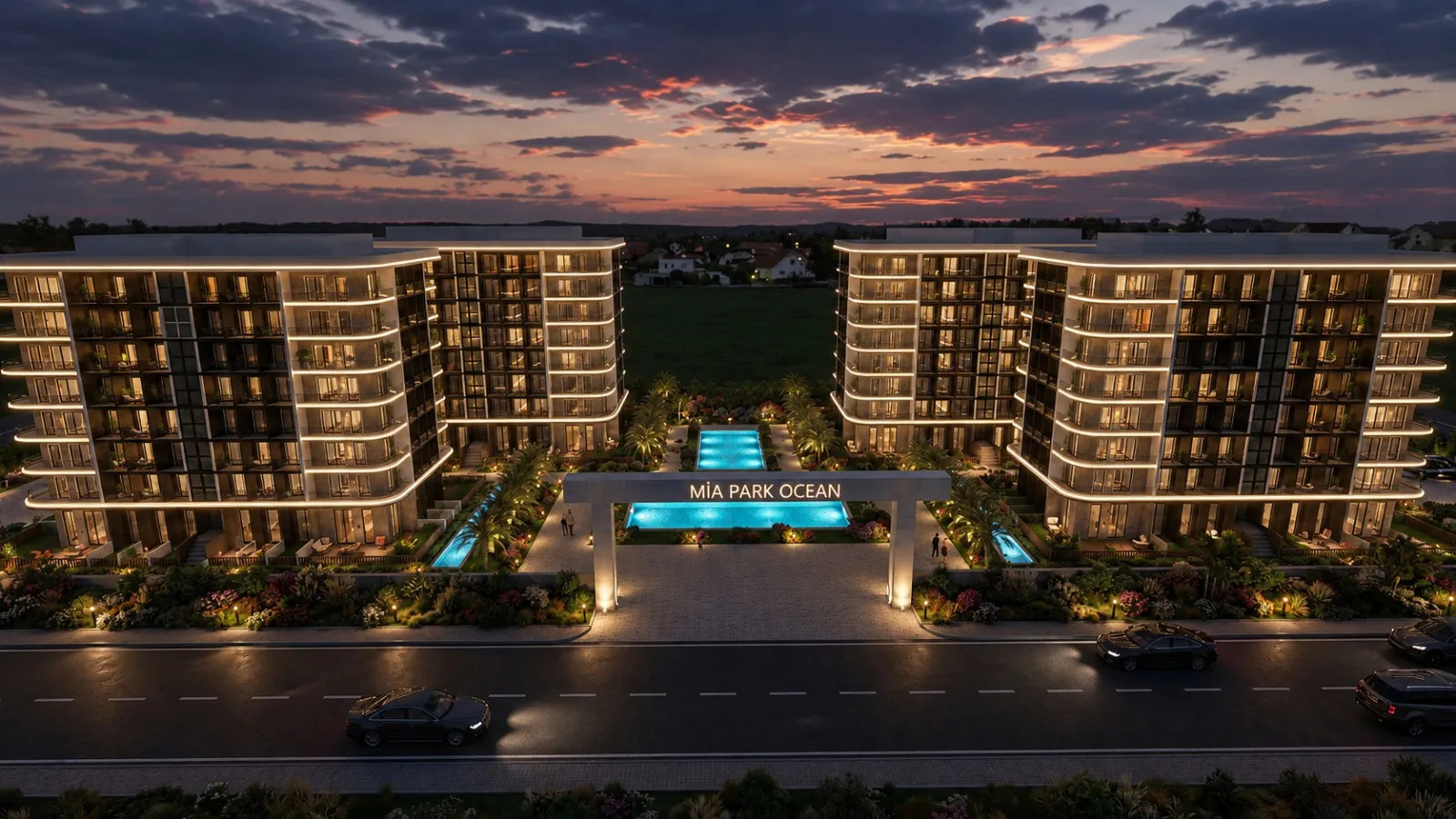 MİA PARK OCEAN gece görünümü ve aydınlatmalı giriş kapısı